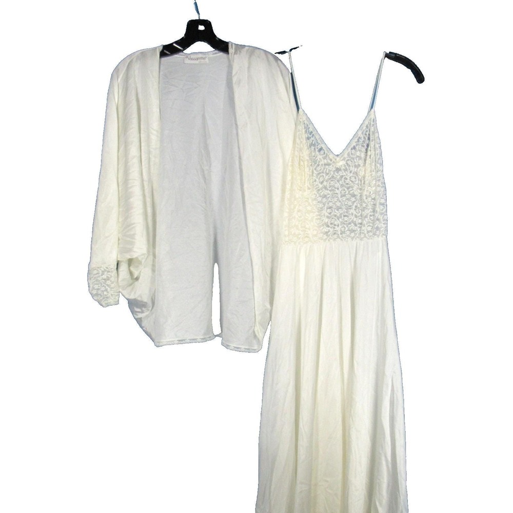 VTG VASSARETTE White NYLON Lace Bodice LOUNGE ROBE/SLIP NIGHTGOWN SET Sz 36